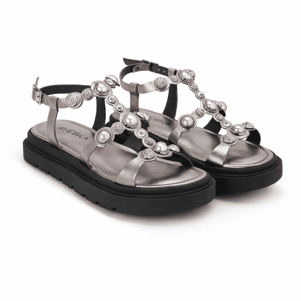 Sandália Feminina Rasteira com Pedrarias Conforto Fashion Plataforma
