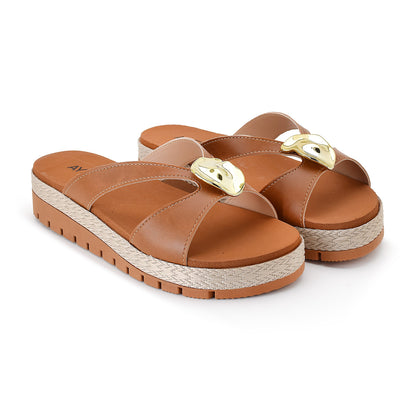 Sandália Feminina Plataforma Marrom com Detalhe Dourado Elegante Conforto