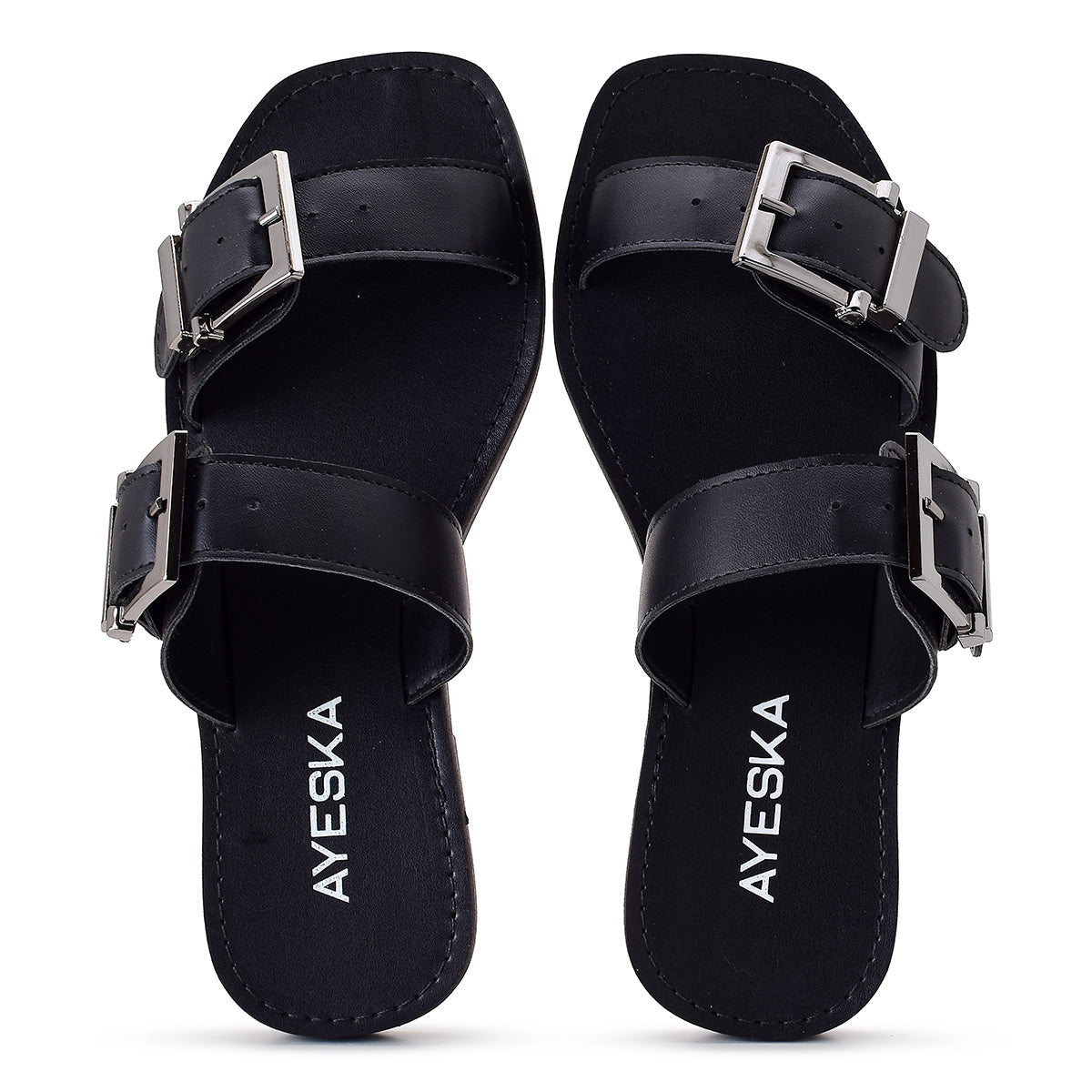 Sandália Feminina Rasteira Preta com Fivelas Duplas Ajustáveis Conforto Casual