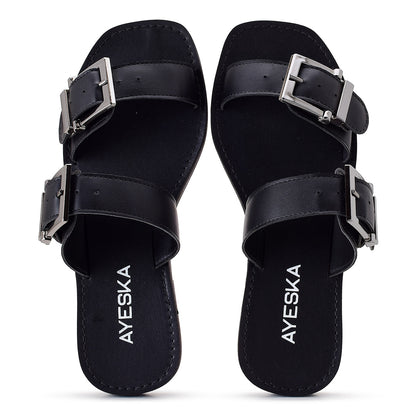Sandália Feminina Rasteira Preta com Fivelas Duplas Ajustáveis Conforto Casual