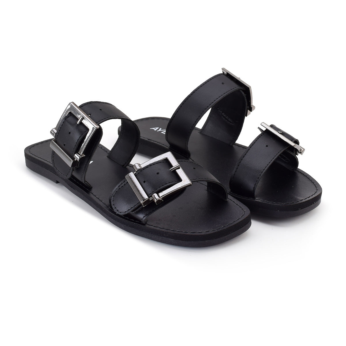 Sandália Feminina Rasteira Preta com Fivelas Duplas Ajustáveis Conforto Casual