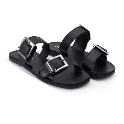 Sandália Feminina Rasteira Preta com Fivelas Duplas Ajustáveis Conforto Casual