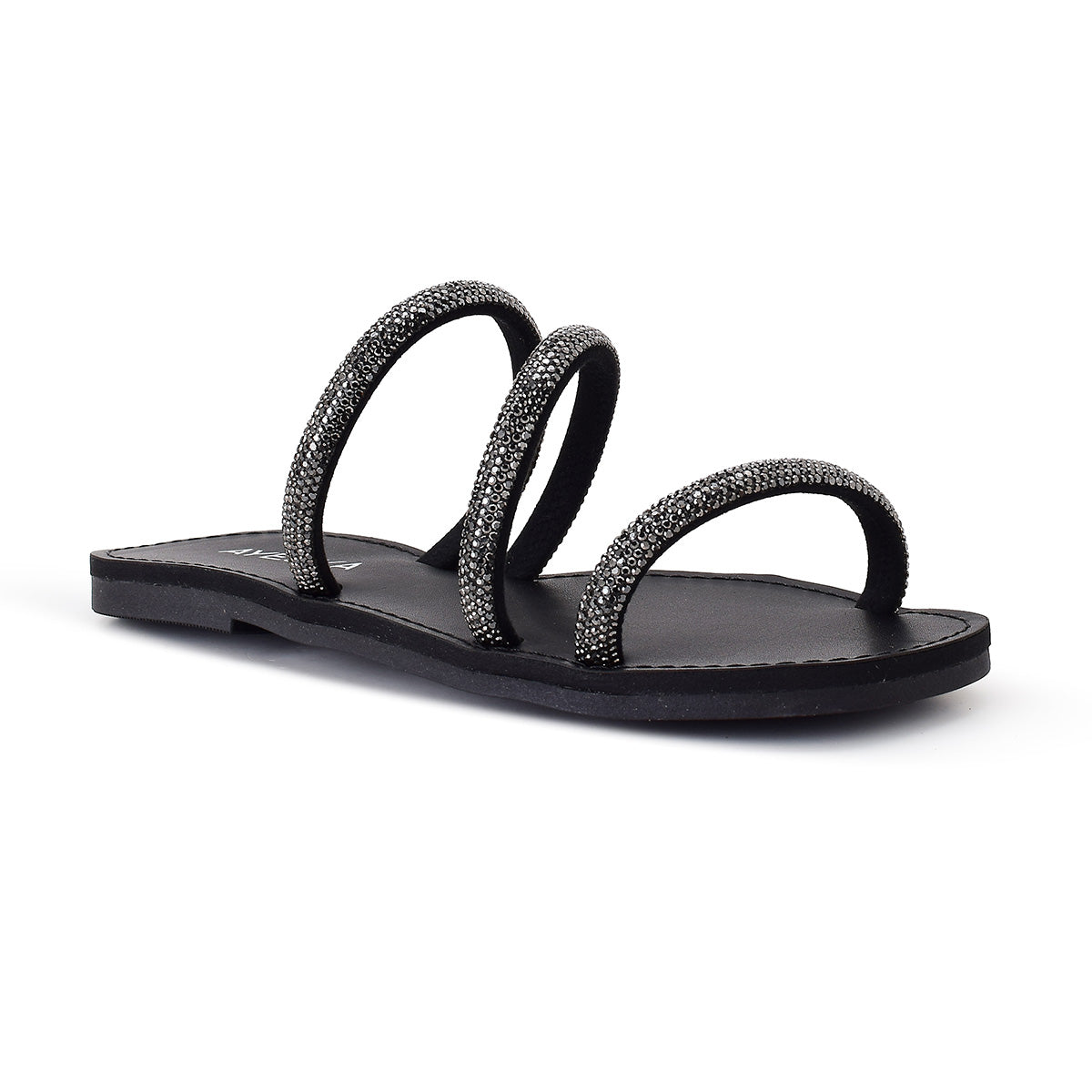 Sandália Feminina Rasteira Prata com Strass Tiras Brilhantes Elegante Festa