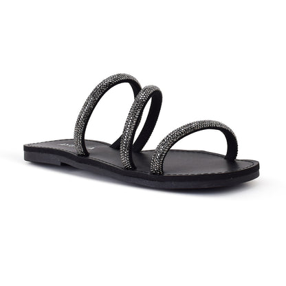 Sandália Feminina Rasteira Prata com Strass Tiras Brilhantes Elegante Festa