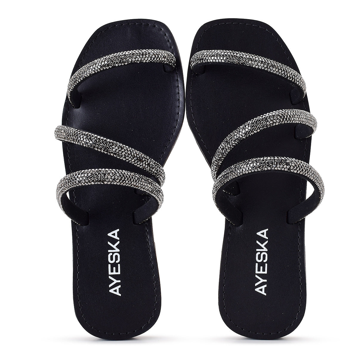 Sandália Feminina Rasteira Prata com Strass Tiras Brilhantes Elegante Festa