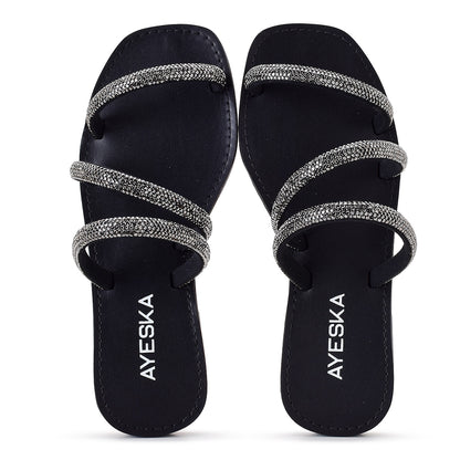 Sandália Feminina Rasteira Prata com Strass Tiras Brilhantes Elegante Festa