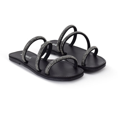 Sandália Feminina Rasteira Prata com Strass Tiras Brilhantes Elegante Festa