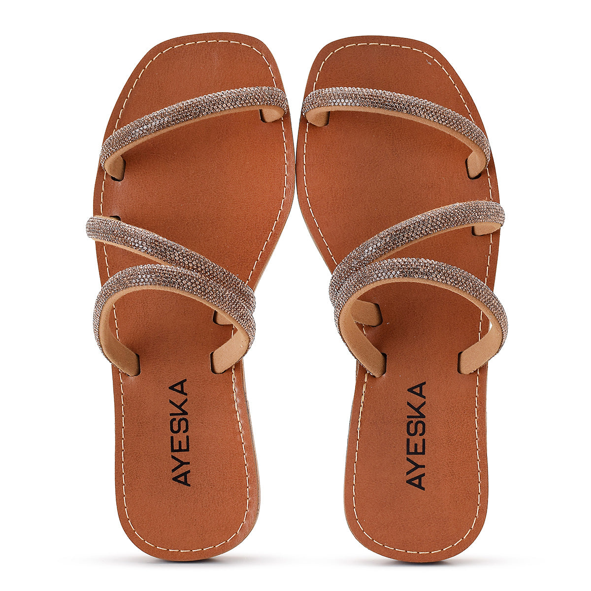 Sandália Feminina Rasteira Prata com Strass Tiras Brilhantes Elegante Festa