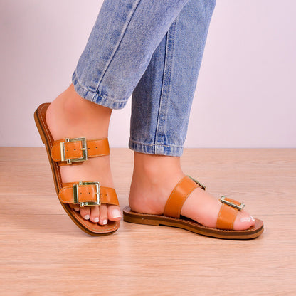 Sandália Feminina Rasteira Preta com Fivelas Duplas Ajustáveis Conforto Casual